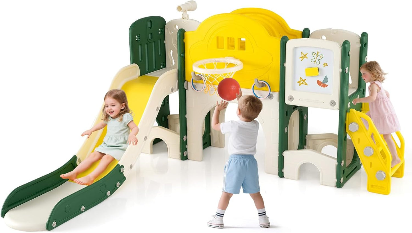 Costzon 10 in 1 Toddler Slide Set, Kids Slide and Climber Playset with Magnetic Whiteboard, Ring Toss, Basketball Hoop, Crawling Tunnel, Long Aisle & Storage, Indoor Playground for Ages 3+ (Blue)