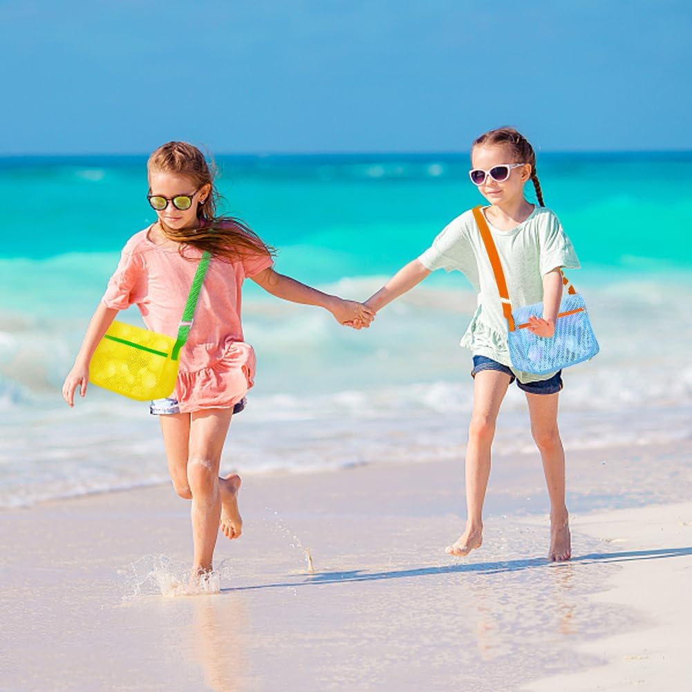 Beach Toy Mesh Beach Bag, 2Pcs Seashell Collecting Bags with Adjustable Shoulder Straps - 2pcs Sand Maker, Detachable Beach Shovels & Sand Rolling Mold, Outdoor Toys and Gifts for Kids