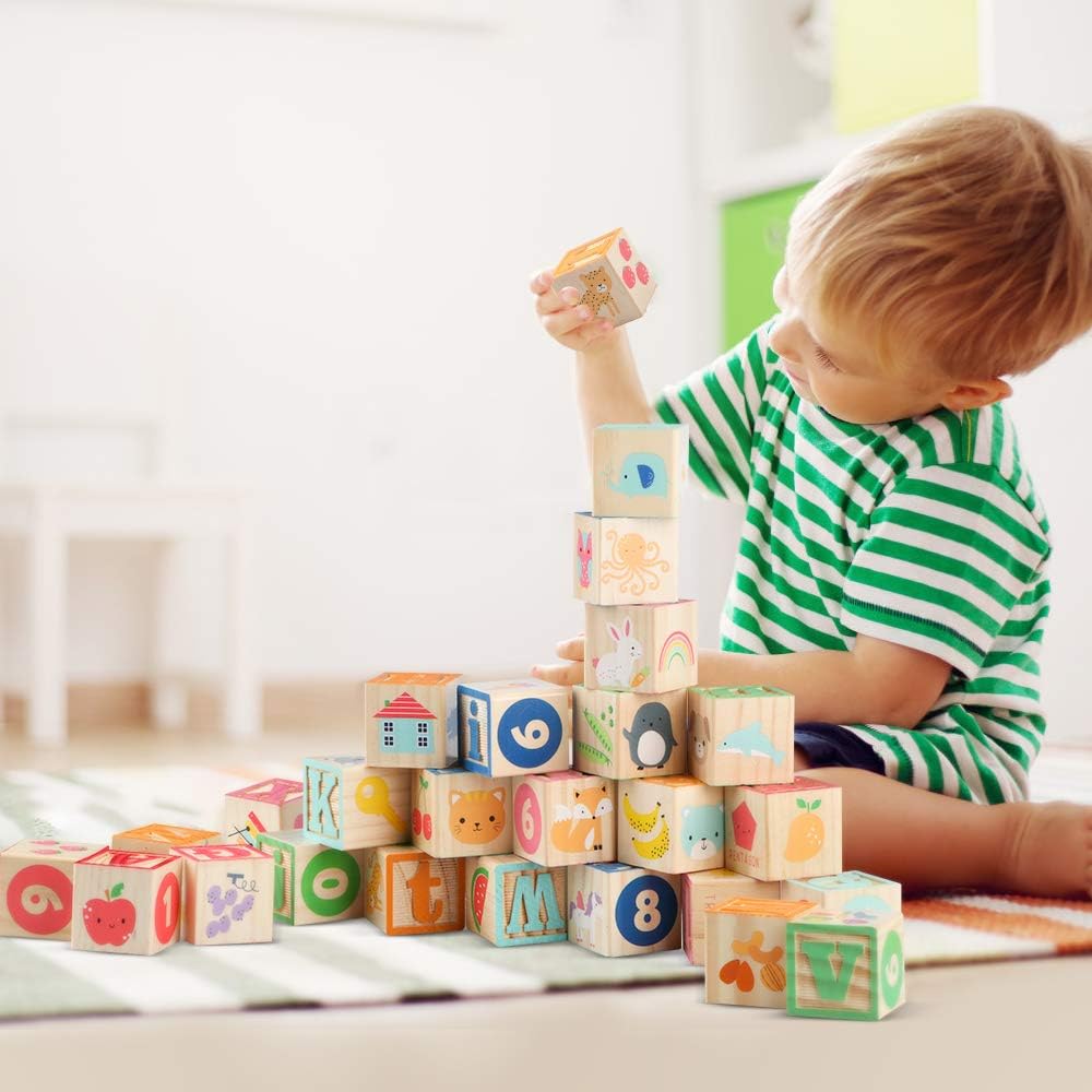 Wooden ABC Toy Building Blocks for Toddlers 1-3 36 PCS Wood Alphabet Number Blocks for Stacking Learning Preschool Educational Montessori Sensory Toys for Kids Boys Girls Gifts 1.7"