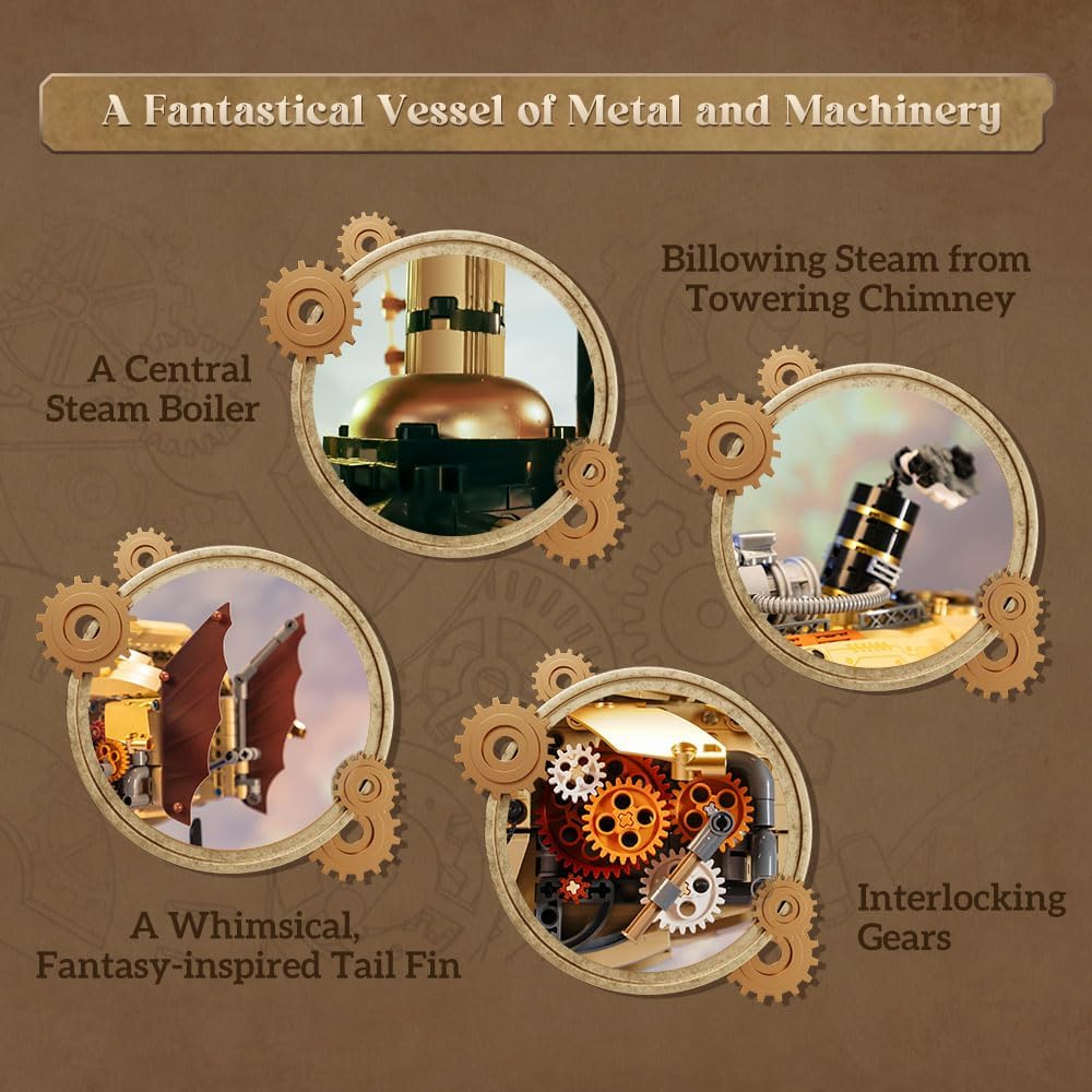 PANTASY Steampunk Airship Model Kit for Adults, Dual-Layer Zeppelin with Gear-Driven Mechanical System, DIY Building Blocks Set, Retro Sci-Fi Construction Toy for Collectors & Display