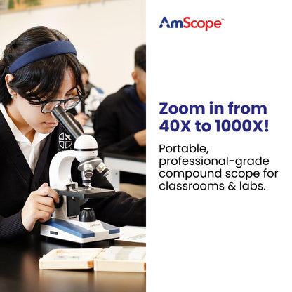 AmScope M150C / M150C-I 40X-1000X All-Metal Optical Glass Lenses Cordless LED Student Biological Compound Microscope