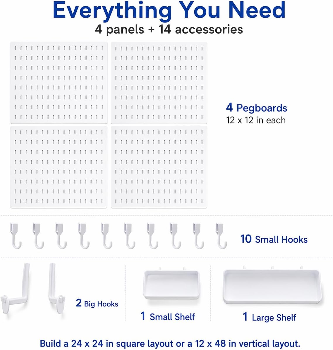 Pegboard Wall Organizer Kit – Heavy Duty 20lbs Load Bearing, Easy Installation, 4 Peg Board Panels 14 Accessories – Multi-Surface Use For Garage, Office, Kitchen & Crafts (White Pegboard,24″×24″)