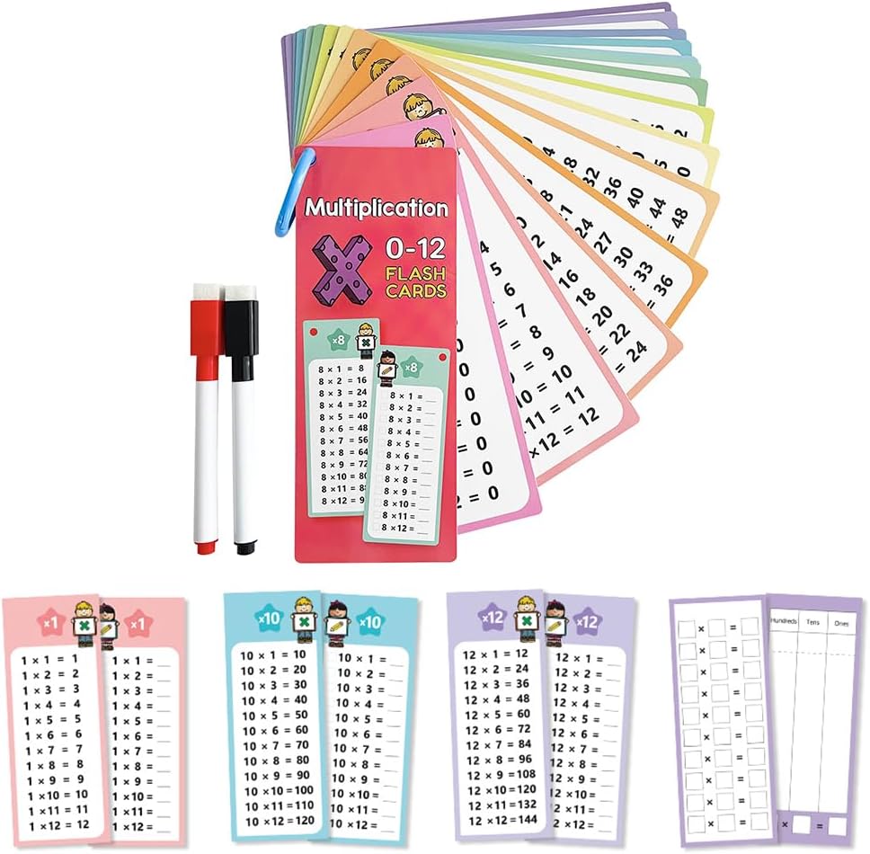 0-12 Multiplication Table Cards Kit, Self-Check Multiplication Flash Cards + 2 Dry Erase Pens for Interactive Math Learning, Ideal Home & Classroom Learning Tool for Kids & Teachers