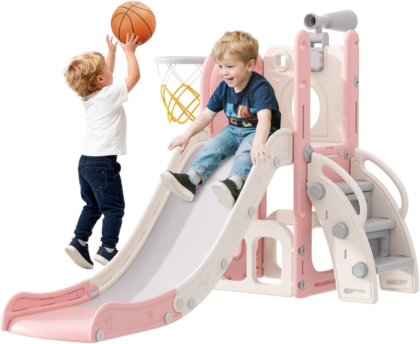 Babytronic Toddler Slide, 6 in 1 Kids Indoor Slide for Toddlers 1-3, Baby Indoor and Outdoor Climber Playset, Kids Slide with Basketball Hoop and Telescope, Toddler Outdoor Playground (Blue&Yellow)