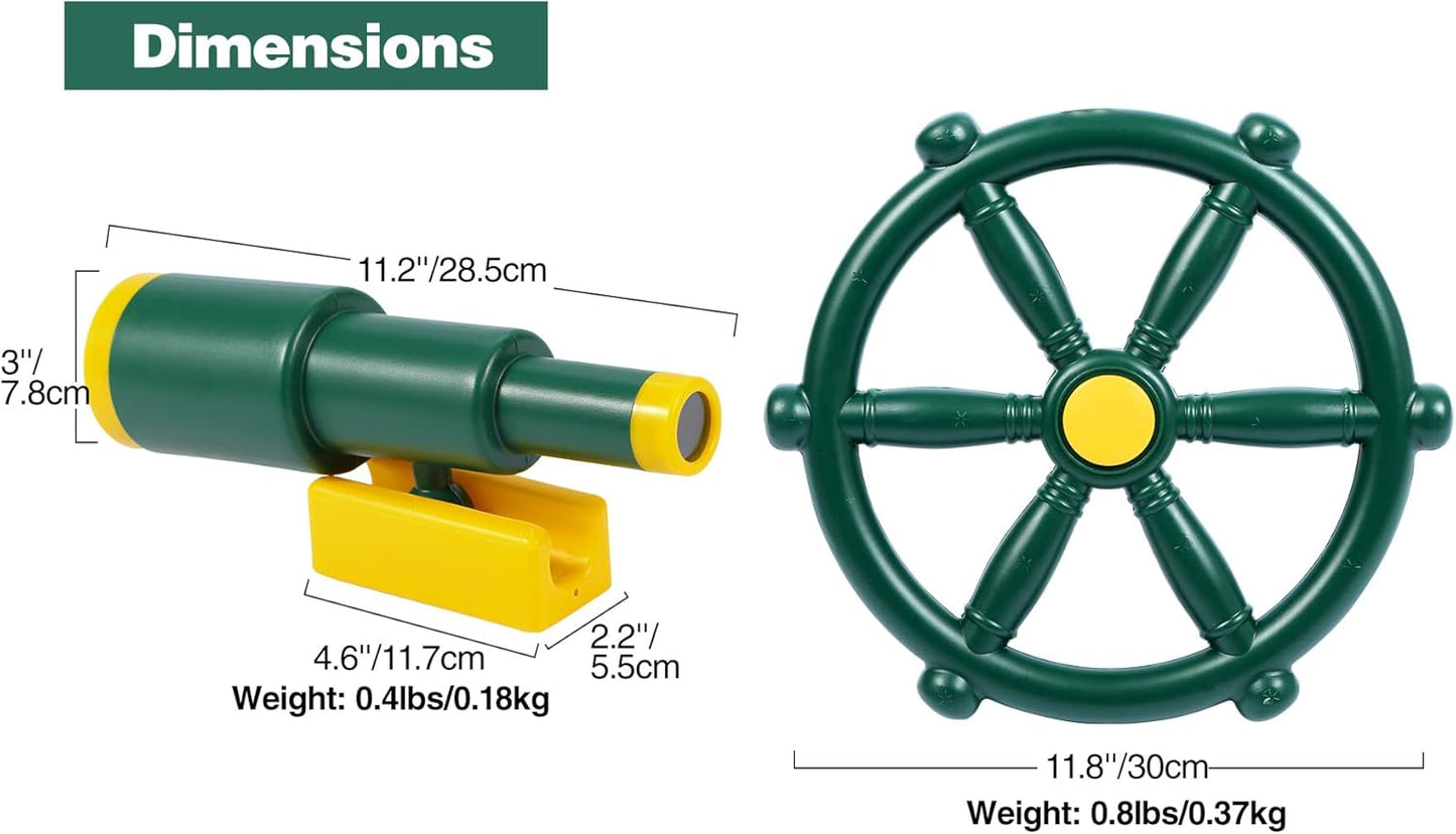 RedSwing Playground Accessories for Kids, Outdoor Swingset Attachments with Pirate Ship Wheel, Toy Telescope, Telephone and Safety Handles (Yellow and Green)