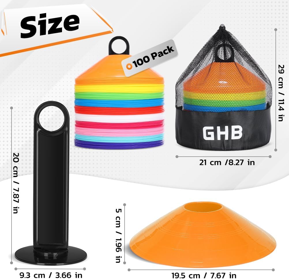 GHB Soccer Cones 25/50/100 Pack Disc Soccer Sport Cones Training Field Marker Agility Cones for Traffic, Basketball, Coaching, Practice Equipment Includes Cone Drills Guide