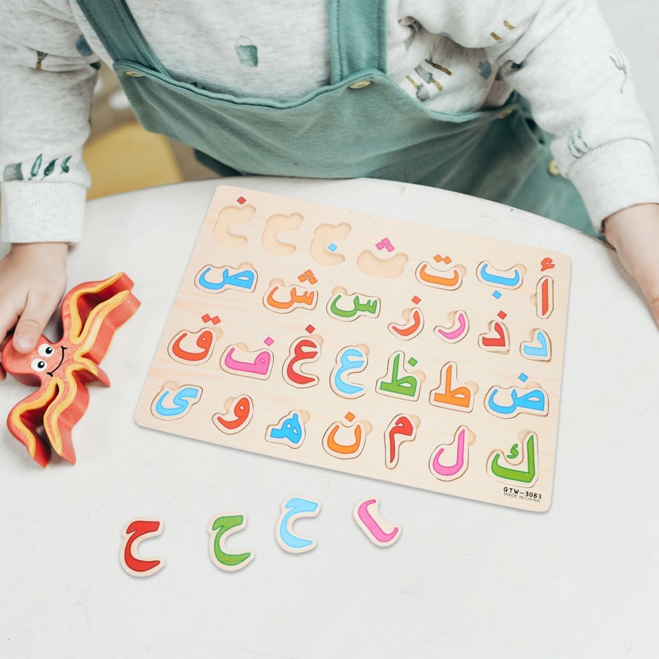 Toddle Arabic Alphabet Puzzle: Learning Arabic Letter Montessori for Kids - 3D Number Hand Grip Blocks Jigsaw Puzzle Board Preschool Educational Developing Toy