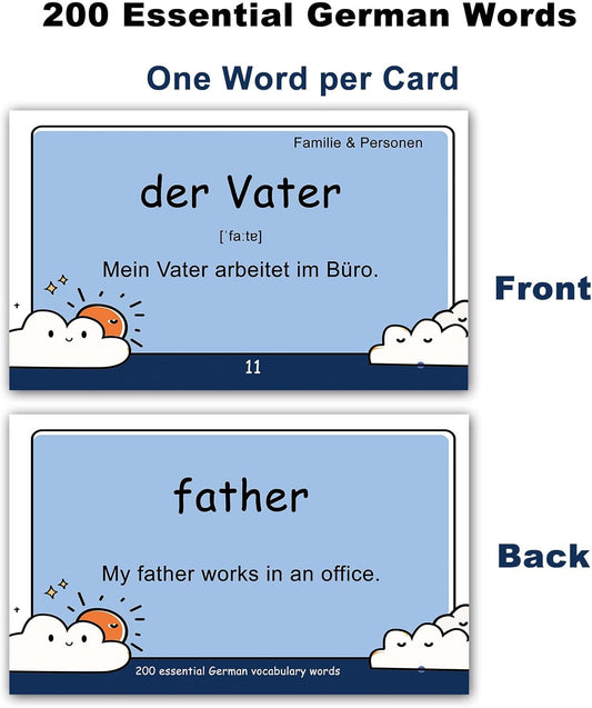 200 Essential German Words Vocabulary Flash Cards Flashcard for Beginners Adults | Learn German for Beginners Adult