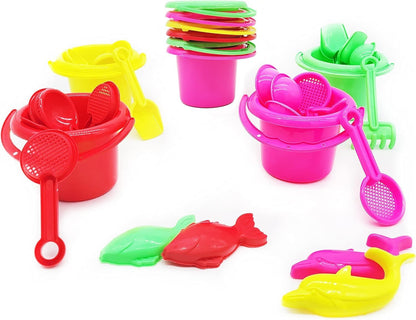 The Dreidel Company Mini Beach Day Playsets (Pack of 6) 3.25" Sand Bucket Play Set Box Includes, Pail, Shovel, Rake, Sifter Scoop, Dolphin Fish Sand Trays Toy for Boys and Girls Birthday Party Favor