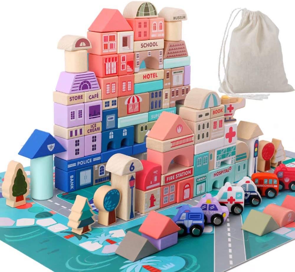 Migargle Wooden Building Blocks Set, City Construction Stacker Stacking Preschool Learning Educational Toys, Toddler Toys for 3+ Year Old Boy and Girl Gifts