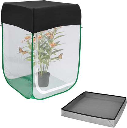 Butterfly & Insect Habitat Cage 24" x 24" x 36", Extra Large Butterfly Enclosure with Poop Tray for Easy to Clean, Pop-up Caterpillars Mesh Cage Terrarium with Sunshade Top for Outdoor.