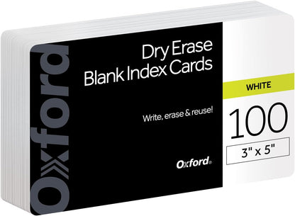 Oxford Dry Erase Index Cards, 3x5 Ruled, Reusable Flash Cards, Double Sided Dry & Wet Erase Cards for Gaming, Study or Vocabulary, 100-Pack (63512)