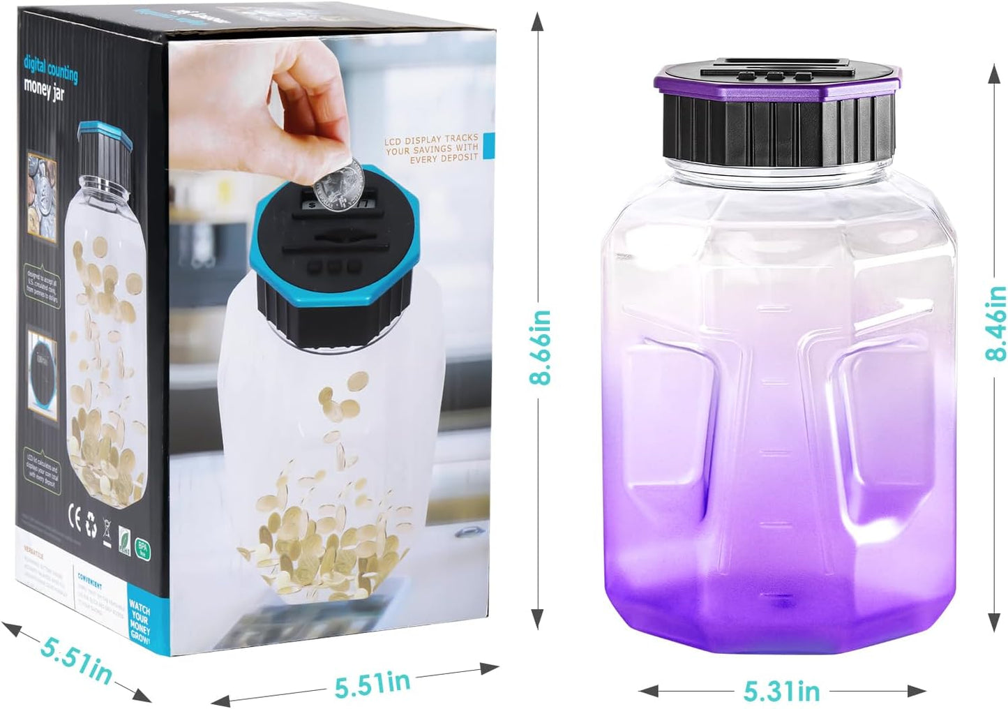 X-Large Piggy Bank for Adults Kids, Vcertcpl Digital Coin Counting Bank with LCD Counter, 2.4L Capacity, Great Coin Counter Bank Money Counting Jar with Total Amount Displayed (Purple)
