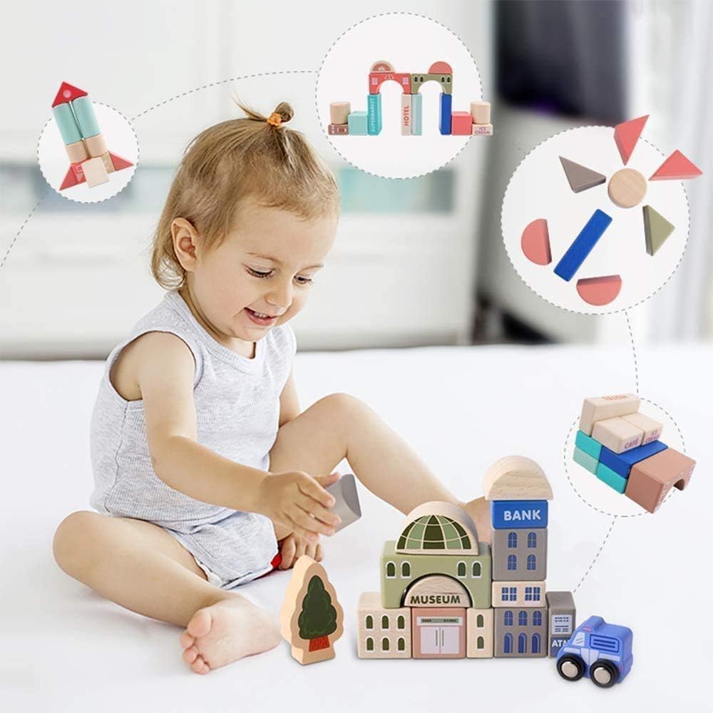 115 Pcs Wooden Building Blocks Toy Set for Kids, City Construction Stacker Stacking Preschool Learning Educational Toys Gifts for 3+ Boy Girl Toddler