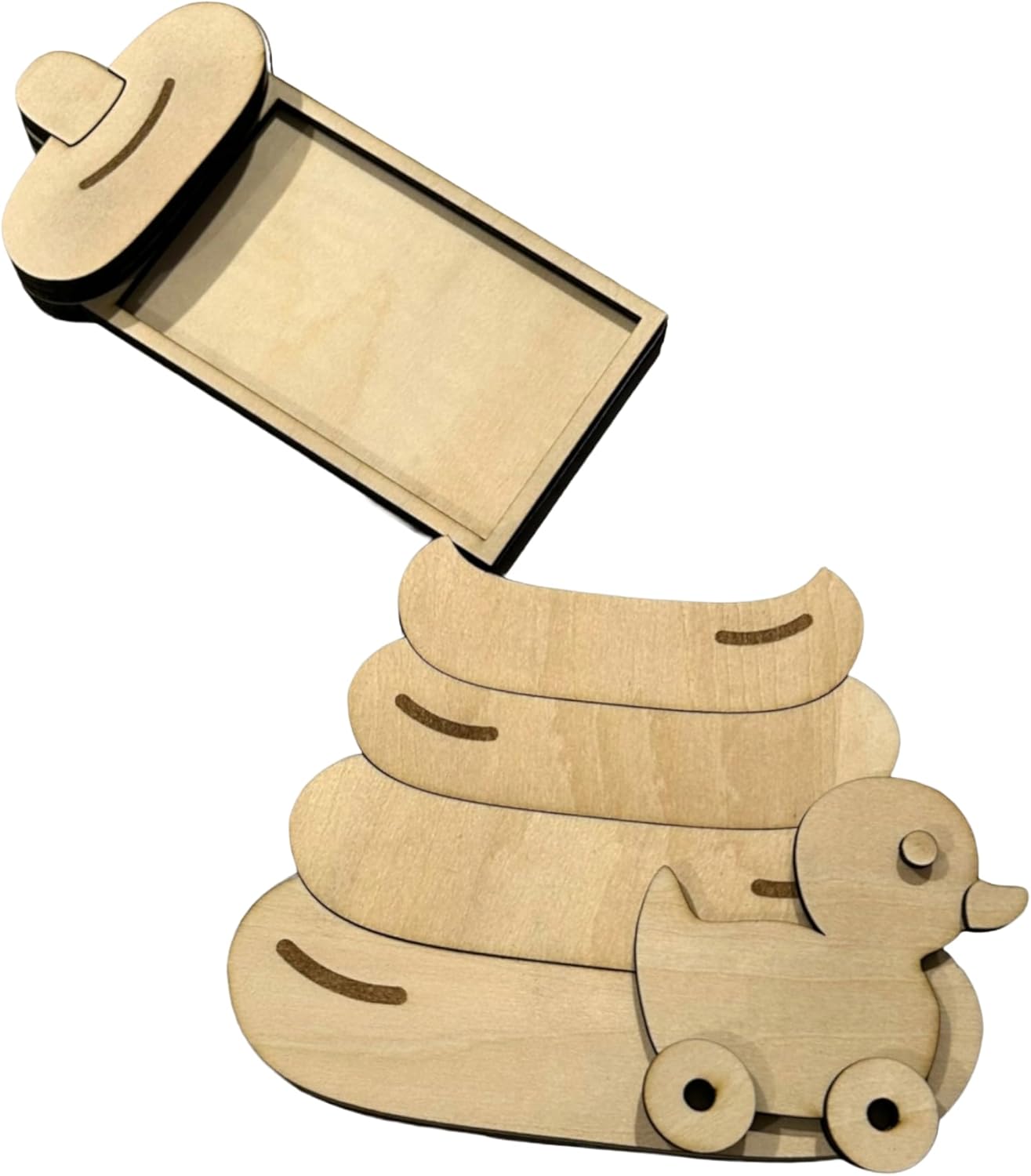 Baby Gift Card Holder with Wooden Stacking Rings Toy, Pull Duck Design, Handcrafted Basswood Keepsake for Baby Shower
