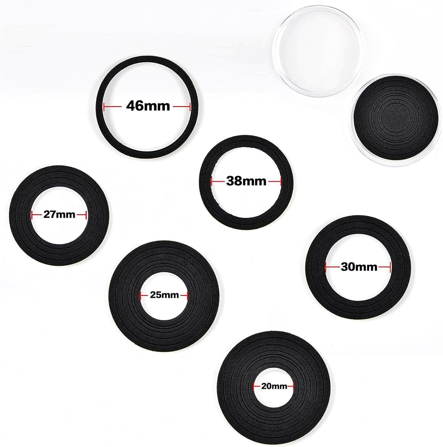 PAIYULE 96 Pieces 46mm Coin Capsules, with Foam Gasket and Plastic Storage Organizer Box, 6 Sizes (20/25/27/30/38/46mm) Coins Collector Case Holder for Coin Collection Supplies(Black)