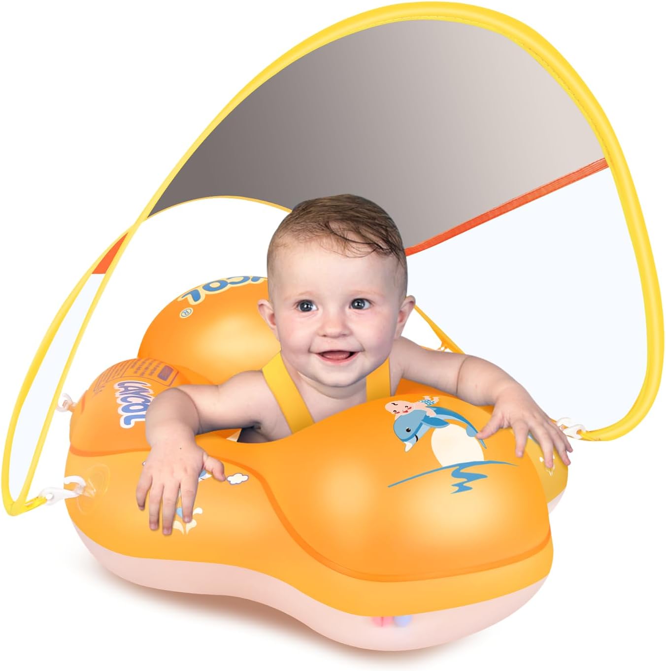 LAYCOL Baby Pool Float with Canopy UPF50+, 5 Point Safety Buckle No Flip Over, Inflatable Toddler Floaties Infant Pool Floats with Double Air Chambers, Baby Beach Essentials/Traval for 3-36M