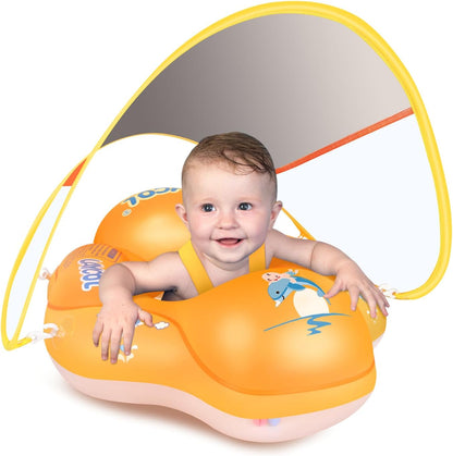 LAYCOL Baby Pool Float with Canopy UPF50+, 5 Point Safety Buckle No Flip Over, Inflatable Toddler Floaties Infant Pool Floats with Double Air Chambers, Baby Beach Essentials/Traval for 3-36M