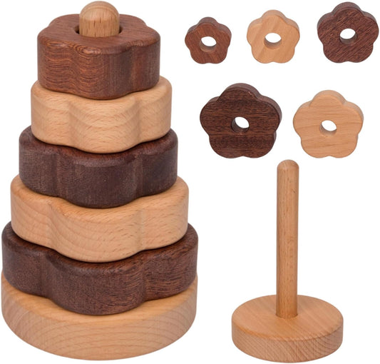 Adena Montessori Ring Natural,Montessori Geometric Stacker Wooden Educational Toy, Baby and Toddler Ages 12+ Months Shape Sorter and Stacking Tower Wood-Colored Wooden Stacking Toy for Babies(Flower)
