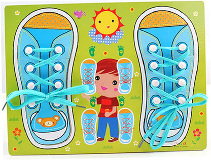 Shoe Tying Teaching Kit 1PC Kids Wood Shoe Lace Lacing Sneaker Board Learn to Tie A Shoe Practice Fine Motor Skills for Kids Ages 3 and Up(Blue)