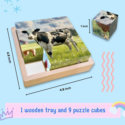 6-in-1 Wooden Animal Puzzle – Montessori Cube Toy for Kids – Realistic Farm Animals Educational Wood Blocks for Toddlers Ages 3–6