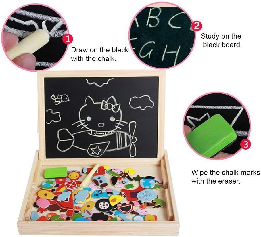 Wooden Toy Magnetic Board Puzzle Games , Double Side Jigsaw &Drawing Sketchpad Writing Dry Erase Board Chalkboard Educational Toys for Kids