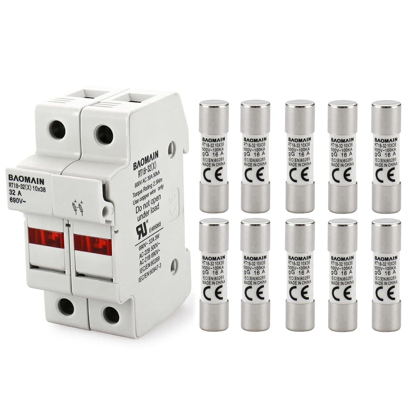 Baomain RT18-32 Fuse Holder Base with 10x20A Ceramic Fuses (10x38mm) – 2 Pole DIN Rail Mount, LED Indicator, CE Certified (20 Amp)