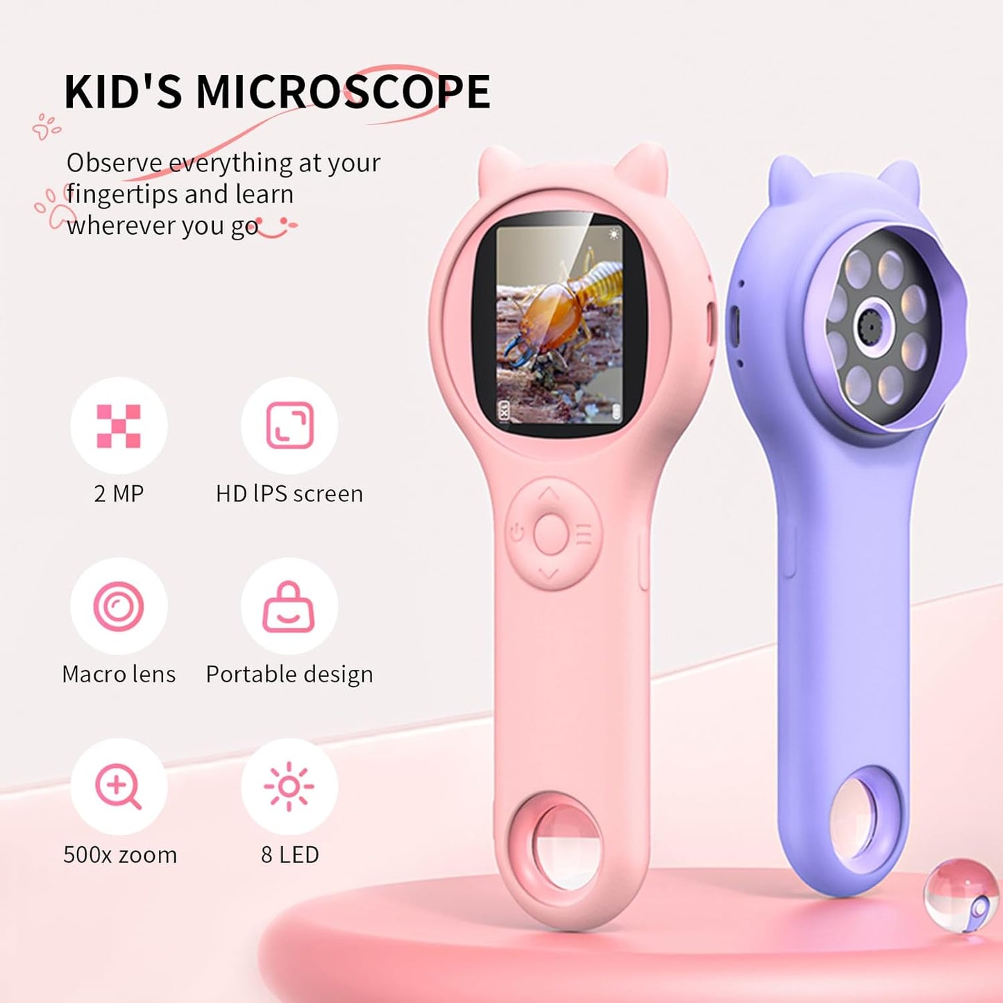 Microscope for Kids - Electronic Handheld Magnifying Glass for Children-STEM Outdoor Science Kit for Summer Travel & Camping Toy,Birthday Gifts Toys for 5-8 9-12 Year Old Girls（Purple）