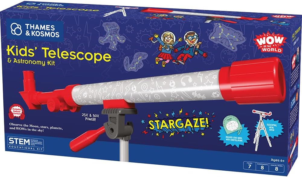 Wow in the World Kids’ Telescope & Astronomy Kit, 25x & 50x Magnification, Adjustable 48” Tripod, Includes Star Wheel & Companion Audio Content, Intro to Astronomy for Ages 6+ by Thames & Kosmos