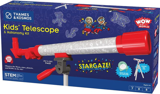 Wow in the World Kids’ Telescope & Astronomy Kit, 25x & 50x Magnification, Adjustable 48” Tripod, Includes Star Wheel & Companion Audio Content, Intro to Astronomy for Ages 6+ by Thames & Kosmos