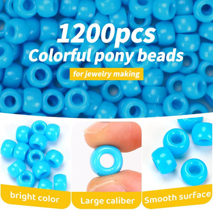 1200pcs Pony Beads Bulk – 11 Colors 6x9mm Plastic Craft Beads for Bracelets, Jewelry, Hair Braiding & DIY Projects