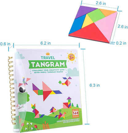 Vanmor Travel Tangram Puzzle - 3 Sets of Magnetic Tangram with 240 Solution - Montessori Shape Pattern Blocks Jigsaw Road Trip Games IQ Book Educational Toy Brain Teaser Gift for Kids Adults Challenge