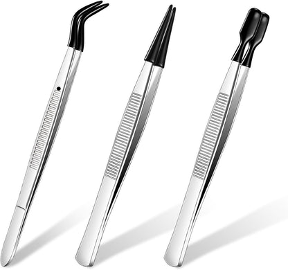 Honoson 3 Pieces Rubber Tipped Tweezers for Crafting Set - PVC Coated Flat, Straight & Bent Tips Stamps, Beads, Jewelry(Blue)