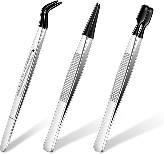 Honoson 3 Pieces Rubber Tipped Tweezers for Crafting Set - PVC Coated Flat, Straight & Bent Tips Stamps, Beads, Jewelry(Blue)
