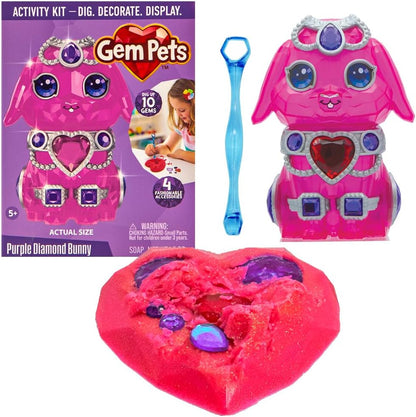 Gem Pets Purple Diamond Bunny Treasure Dig Kit with Lilac-Scented Soap, Includes 10 Gems, 4 Accessories & Digging Tool to Decorate Pet, Mess-Free Excavation Activity for Kids, Pink Doll & Purple Gems