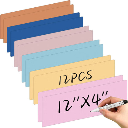 Janlaugh 12 Pcs Large Magnetic Dry Erase Labels for Classroom, 12 x 4 Inch Rectangle Magnetic Name Plates Label Flexible Magnet Stickers for Whiteboards Refrigerator(Rainbow Color,Style 1)