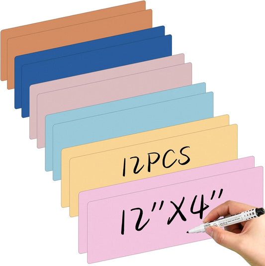 Janlaugh 12 Pcs Large Magnetic Dry Erase Labels for Classroom, 12 x 4 Inch Rectangle Magnetic Name Plates Label Flexible Magnet Stickers for Whiteboards Refrigerator(Rainbow Color,Style 1)