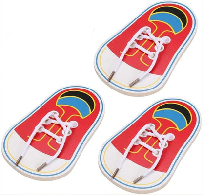 3Pcs Wooden Threading Shoes Training Board, Learn to Tie Laces, Wooden Learn to Tie Your Own Shoes Threading Lacing Shoes Training Early Learning Kits | Threading Lacing Shoes Training Board