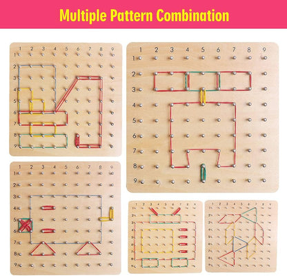 Skrtuan Wooden Geoboard with Pattern Cards & Rubber Bands, Montessori STEM Educational Toy for Kids 3-5 5-8 Years Old, Brain Teaser Puzzle Game for Geometry Learning and Creative Shapes
