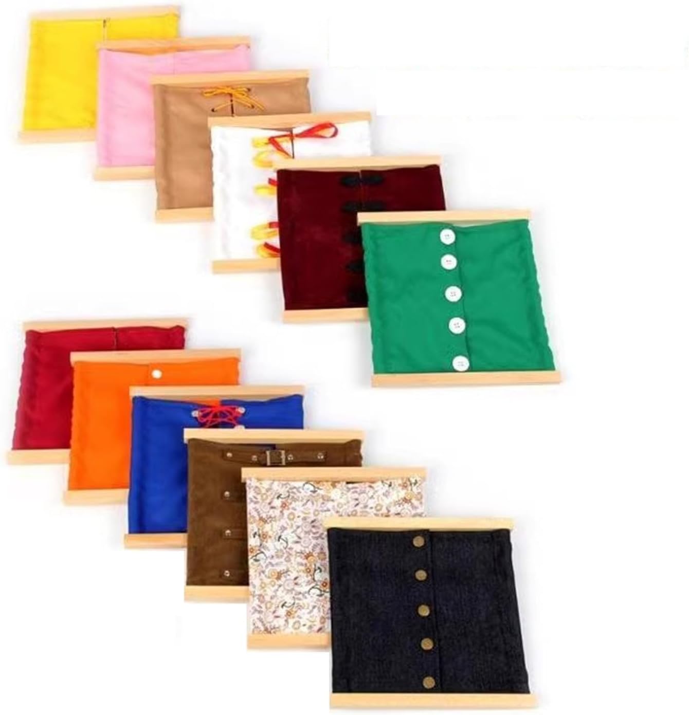 Montessori Learn to Dress Practice Boards,12 Kinds of Clothing + Clothing Frame,12 Kinds of Clothing + Clothing Frame,Zip, Snap, Button, Buckle, Lace and Tie