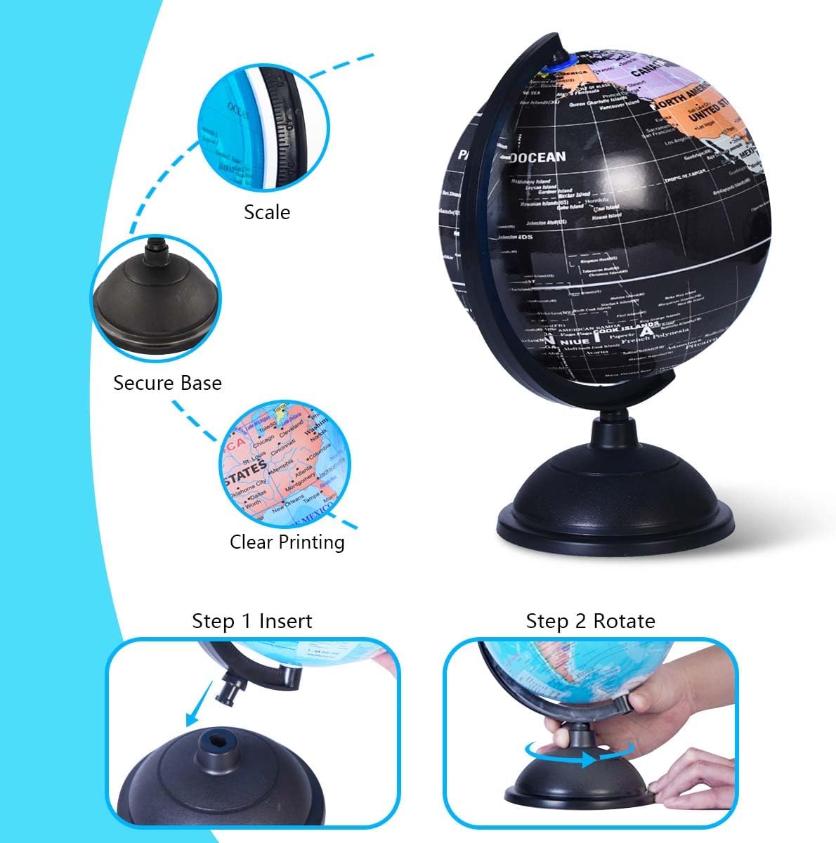 KISEER 8 Inch World Globe with Stand Rotating Earth Spinning Globe for Kids Geography Classroom Education or Decorations (Blue)
