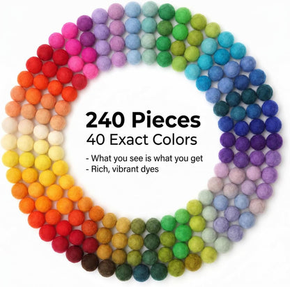 Glaciart One Felt Balls, Felt Wool Balls (240 Pieces) 1 Centimeter - 0.4 Inch, Handmade Felted 40 Color (Red, Pink, Blue, Gray, Black, White, Pastel and More) Bulk Small Puff for Felting and Garland