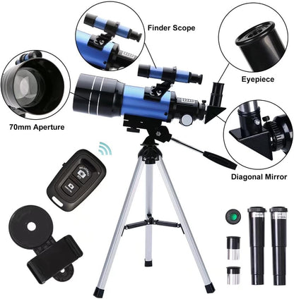 Telescope for Adults & Kids, 70mm Aperture (15X-150X) Portable Refractor Telescopes for Astronomy Beginners, 300mm Professional Travel Telescope with A Smartphone Adapter& Wireless Remote