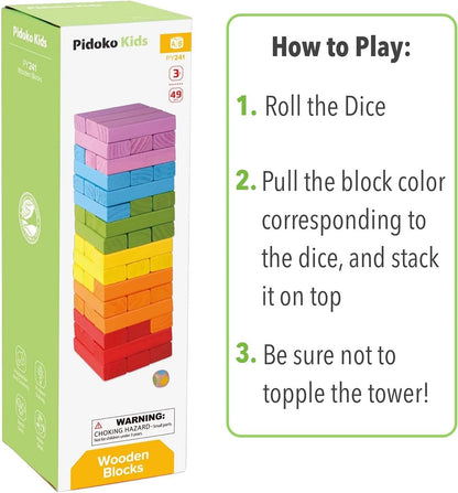 Pidoko Kids Wooden Stacking Building Blocks (49 Pcs) - Colorful Tumbling Blocks Board Games for Family Game Night - Montessori Toys Gifts, Includes Storage Bag