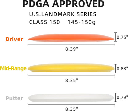 Disc Golf Starter Discs Set | U.S. Landmark Series | 150 Class, 145-150g | PDGA Approved | Include 2*Driver 2*Mid-Range 2*Putter 1*Mini Marker