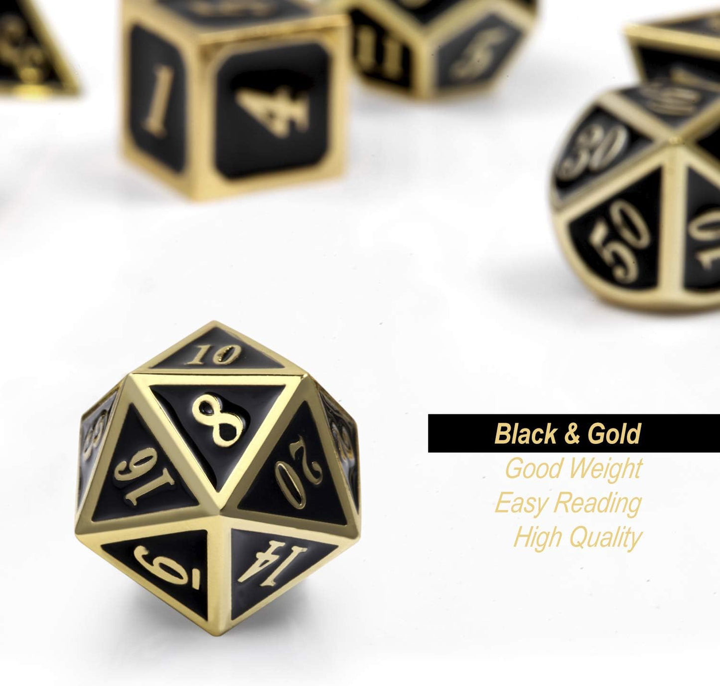 DnDnD Heavy Polyhedral Metal Dice Set with Metal Box, 7-die Shiny Blue Surface with Golden Number for RPG,Dungeons and Dragons,Pathfinder,Shadowrun,D&D,Role Palying Game and Math Teaching - Colors A