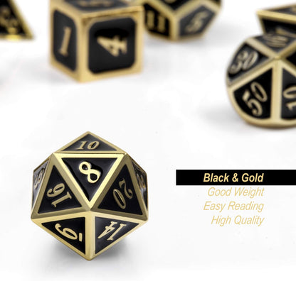 DnDnD Heavy Polyhedral Metal Dice Set with Metal Box, 7-die Shiny Blue Surface with Golden Number for RPG,Dungeons and Dragons,Pathfinder,Shadowrun,D&D,Role Palying Game and Math Teaching - Colors A