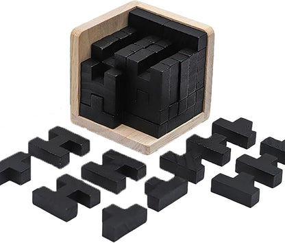 Wooden Brain Teaser Puzzle Skills Builder Shape Pieces Educational Toy for Kids and Adults (Black T and H Shape)