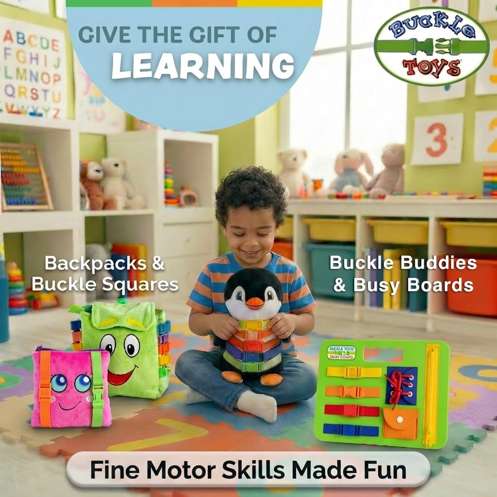 Buckle Toys Busy Board - Montessori Learning Toy for Toddlers Great Kids Road Trip Essentials - Foam Sensory Board - Develop Fine Motor Skills - Pink