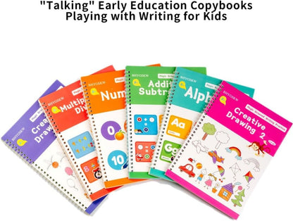 Magic Grooved Writing Practice Books for Kids with Disappearing Ink Pens Grips, Reusable Handwriting Workbooks 6 Pcs, Letter Tracing Copybook for Kindergarten Ages 3-8